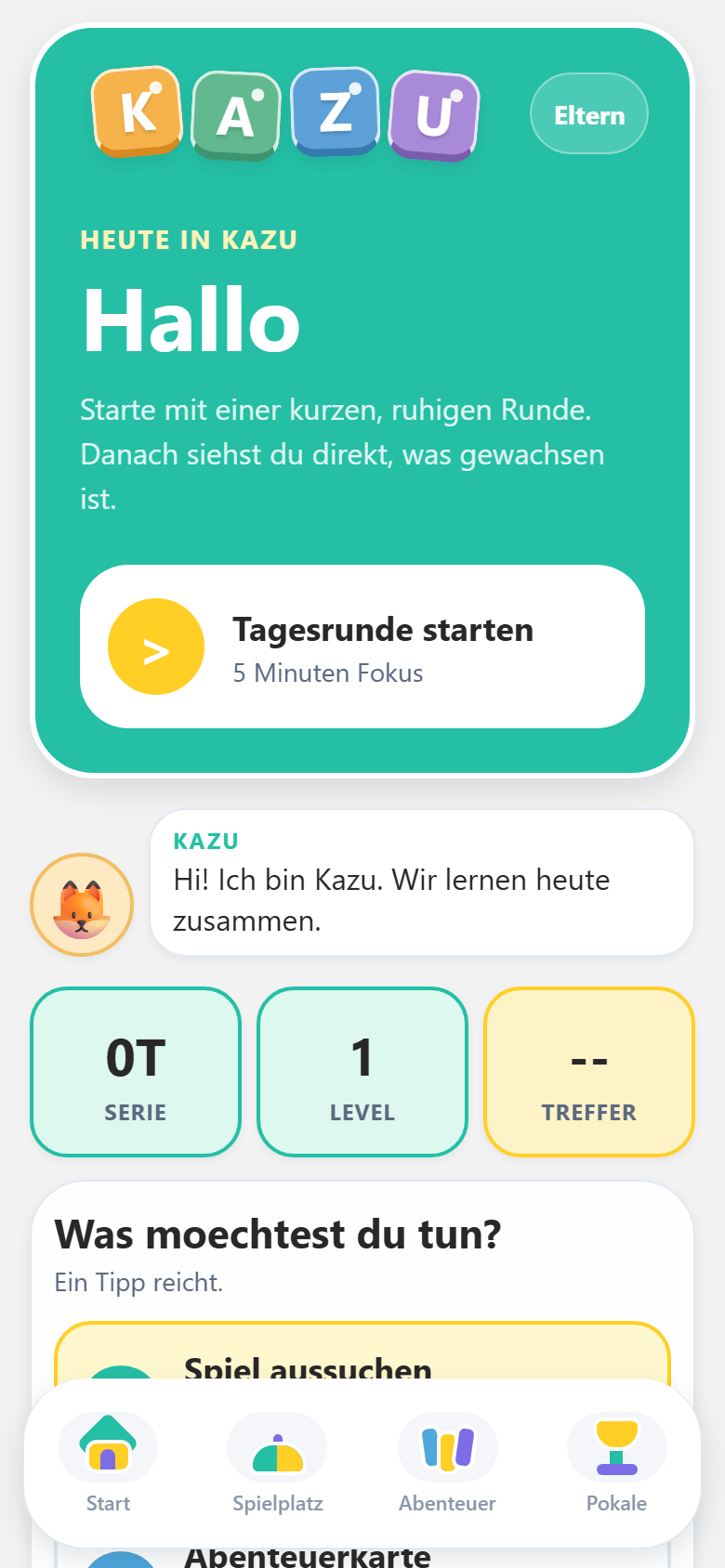 Tagesrunde: Heute zehn Minuten. Aktuelles Level. Ein Knopf, der startet. Das war's.