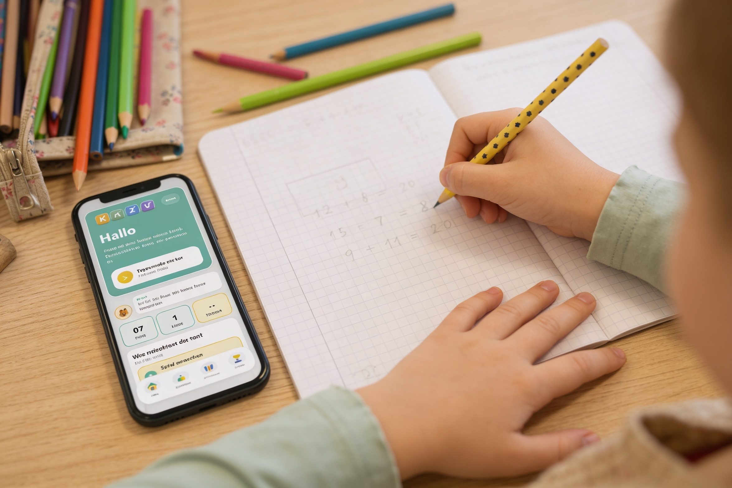 Kind schreibt Mathe-Aufgaben in einem karierten Heft, daneben ein Smartphone mit der KAZU-App auf der Tagesrunde.
