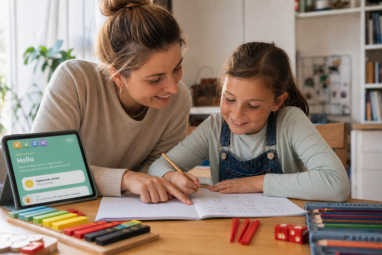 Mutter und Tochter beim Mathe-Üben am Küchentisch, Tablet mit der KAZU-App und Cuisenaire-Stäbchen daneben.